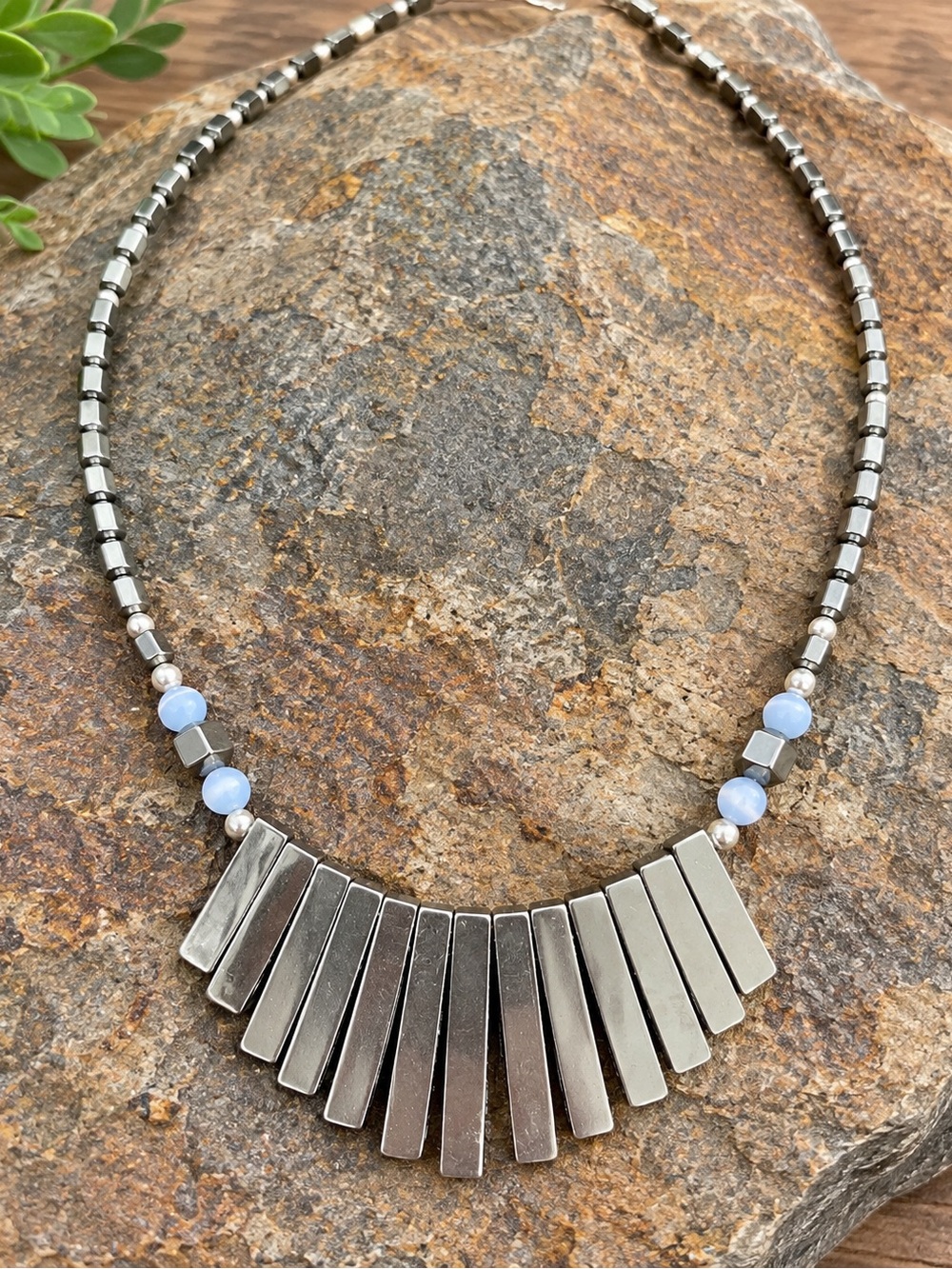 Hematite Stone Bar Fringe Necklace with Light Blue Accents